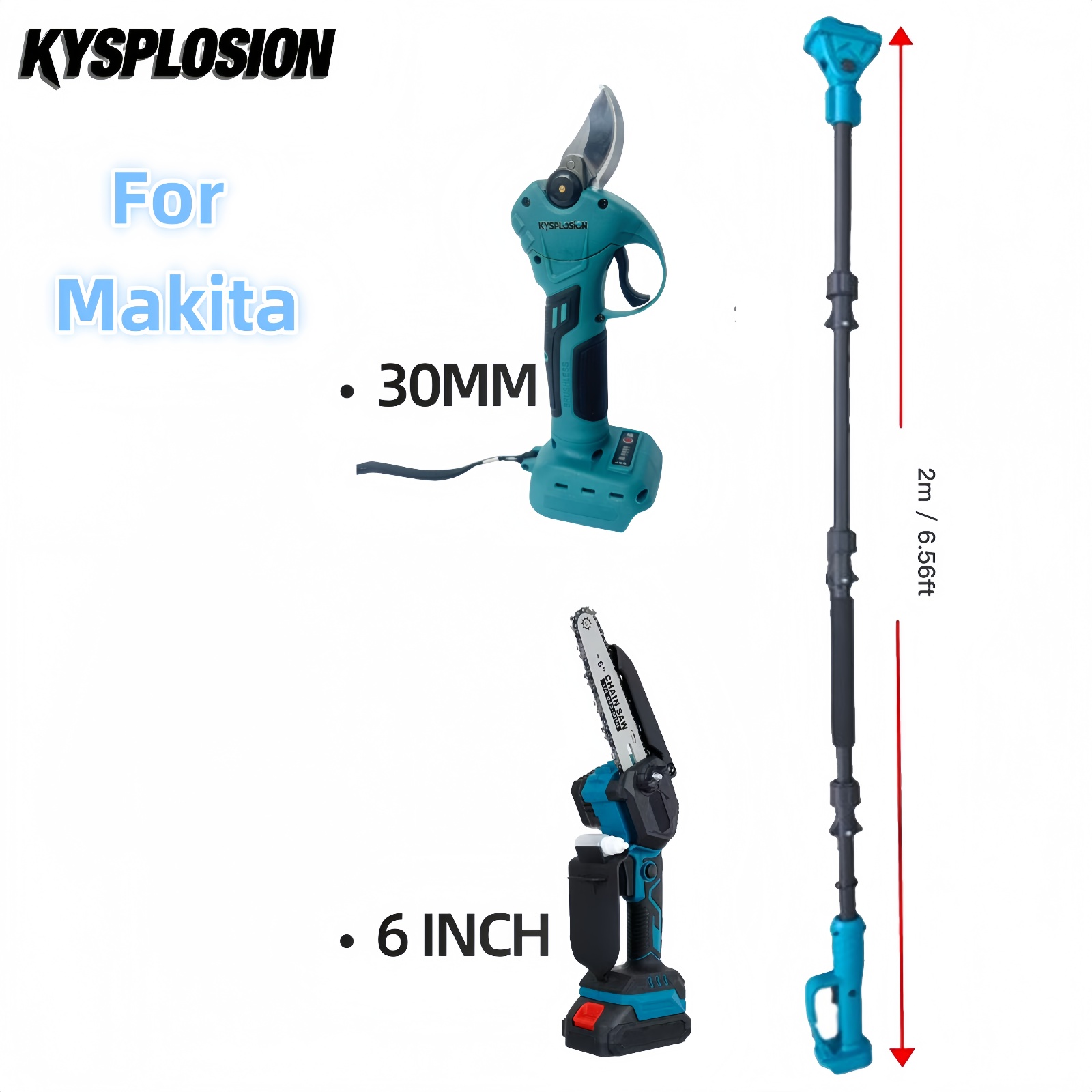 Cordless Electric Pruning Shears 30Mm - ชุดเครื่องมือตัดแต่งกิ่งไฟฟ้าไร้สายแบบไร้แปรงถ่านอเนกประสงค์ พร้อมด้ามจับยืดหดได้ 2 เมตร และเลื่อยโซ่ตัดกิ่งขนาด 30
