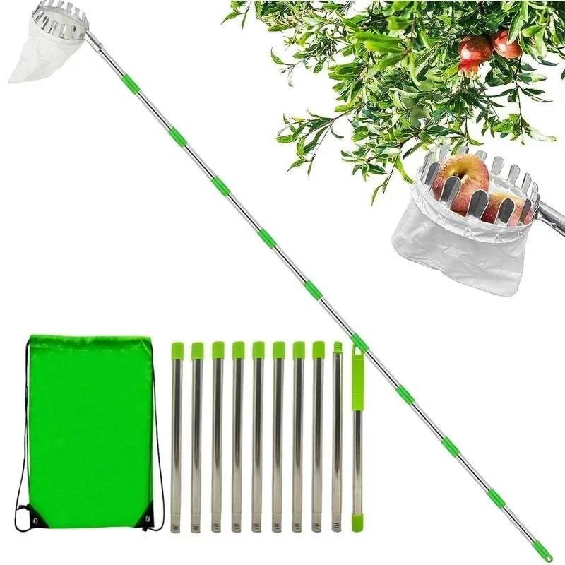Fruit Picker Basket Telescopic Pole - เครื่องเก็บผลไม้สำหรับที่สูงพร้อมตะกร้าและด้ามจับยืดหดได้ อุปกรณ์เก็บเกี่ยวผลไม้ในสวน สำหรับเก็บแอปเปิล ส้ม อะโวคาโด มะม่วง