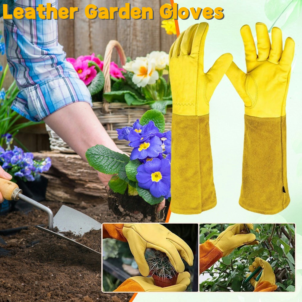 Gardening Gloves Thorn Proof Leather - ถุงมือทำสวนกันหนามยาว 1 คู่ ถุงมือทำสวนหนังระบายอากาศได้ ถุงมือป้องกันแรงงาน ถุงมือยาวถึงข้อศอก